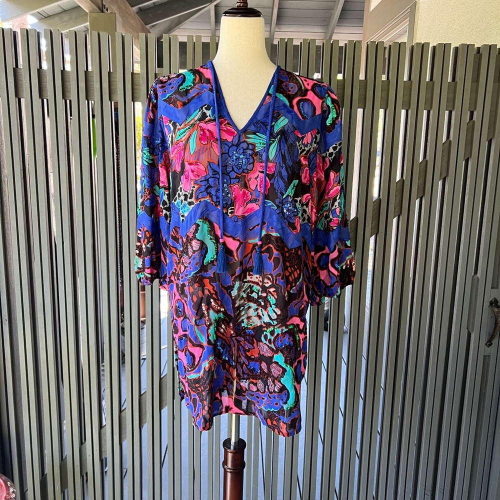 Diane Freis Georgette Embellished multi color floral blouse Size L